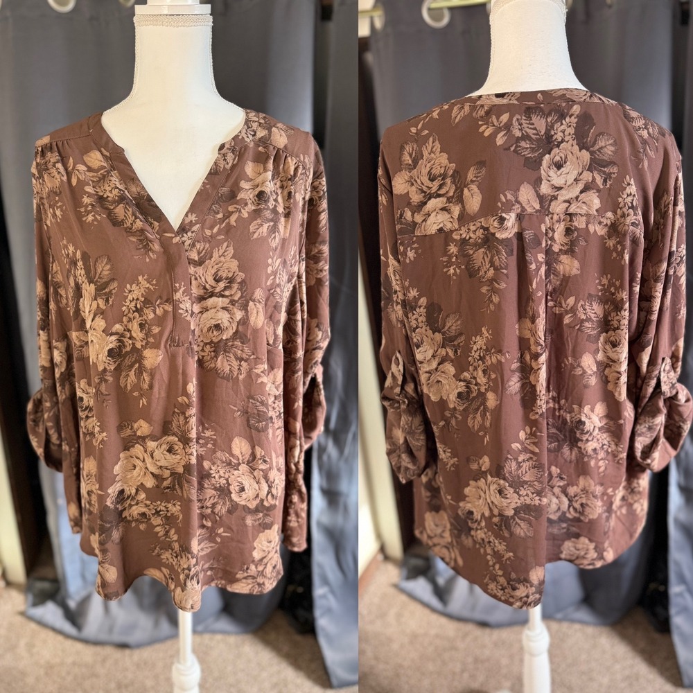Torrid Harper Blouse 2 Brown Floral Rose Georgette Roll Tab Pullover Top nwt - Picture 3 of 8